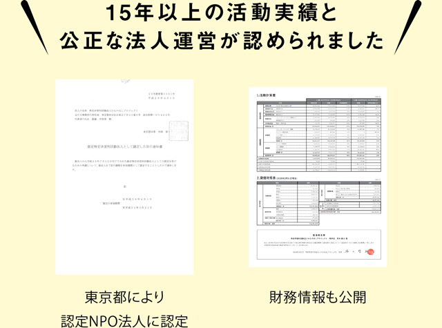 15年間の活動実績と公正な法人運営が認められました 東京都により認定NPO法人に認定 財務情報も公開